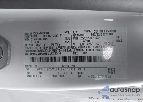 2020 Ford Escape Se z USA, uszkodzony, nr VIN 1FMCU9G68LUC53141